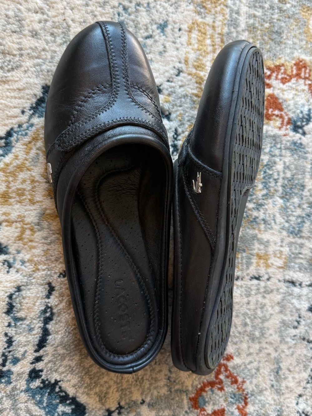 Lacoste Black Leather Slip-On Clog Mules